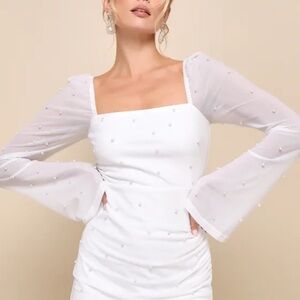 White Long Sleeve Pearl Dress